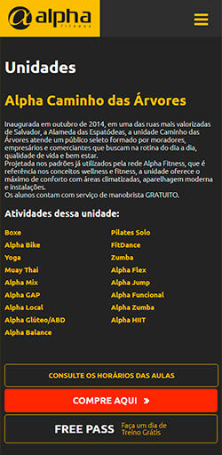 Página de Unidade do site Alpha Fitness - Versão celular